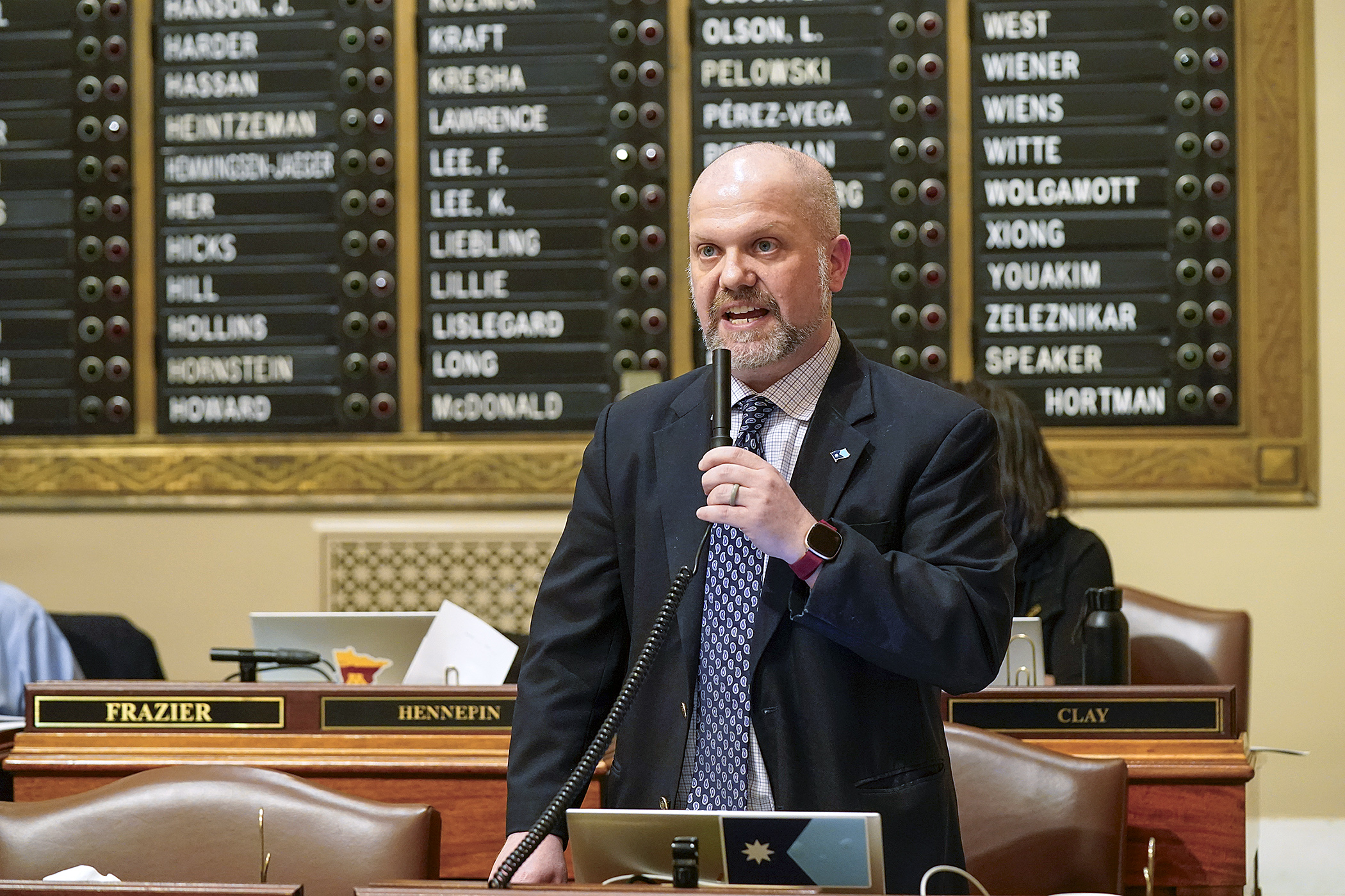 Rep. Mike Freiberg introduces HF4772, the elections policy bill, on the House Floor April 8. Freiberg chairs the House Elections Finance and Policy Committee. (Photo by Michele Jokinen)